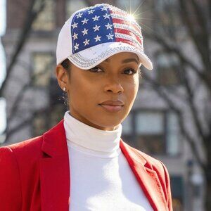 Bling American Flag Baseball Cap  White Patriotic Trucker-Style Hat | Rhinestone